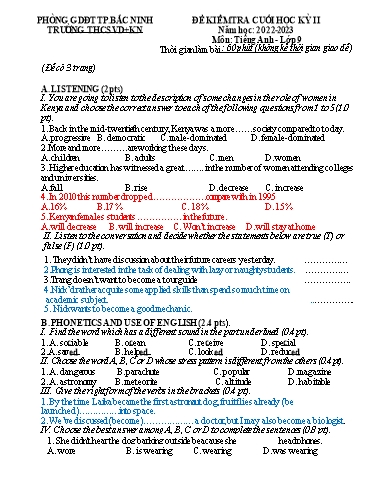Đề kiểm tra cuối học kì 2 môn Tiếng Anh 9 - Trường THCS Khắc Niệm 2022-2023 (Có đáp án+File nghe)