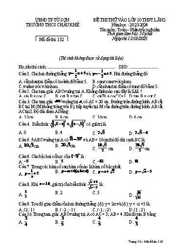 Đề thi thử vào Lớp 10 môn Toán (Lần 2) - Trường THCS Châu Khê (Có đáp án)