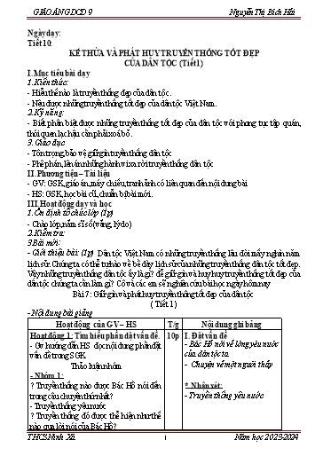 Giáo án Giáo dục công dân 9 (Kết nối tri thức) - Tiết 10, Bài 7: Kế thừa và phát huy truyền thống tốt đẹp của dân tộc (tiết 1) - Năm học 2023-2024