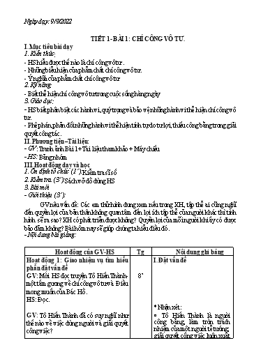 Giáo án Giáo dục công dân 9 - Tiết 1, Bài 1: Chí công vô tư - Năm học 2022-2023