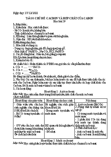 Giáo án Hóa học 9 - Tiết 30: Chủ đề Cacbon và hợp chất của cabon - Năm học 2021-2022