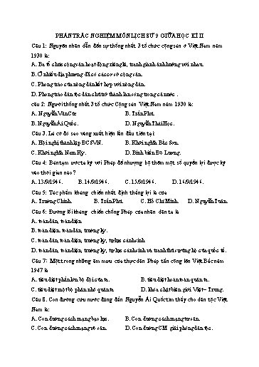 Ôn tập giữa kì 2 môn Lịch sử 9 - Phần trắc nghiệm