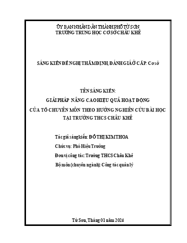 Sáng kiến kinh nghiệm Giải pháp nâng cao hiệu quả hoạt động của tổ chuyên môn theo hướng nghiên cứu bài học tại trường THCS Châu Khê
