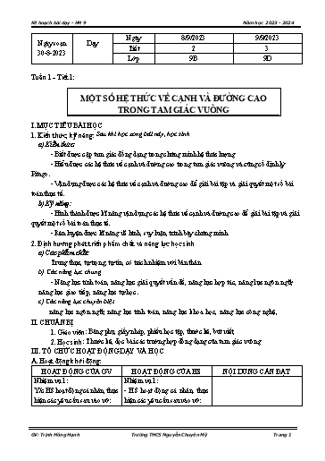 Bài giảng Toán 9 - Tuần 1 - Tiết 1: Một số hệ thức về cạnh và đường cao trong tam giác vuông - Năm học 2023-2024 - Trịnh Hồng Hạnh