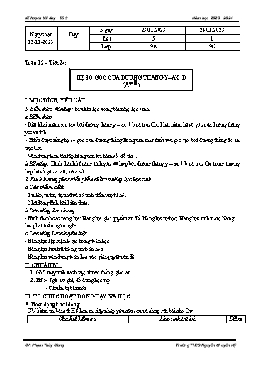 Bài giảng Toán Lớp 9 - Tuần 12 - Tiết 24: Hệ số góc của đường thẳng Y=AX+B (A≠0) - Năm học 2023-2024 - Phạm Thùy Giang
