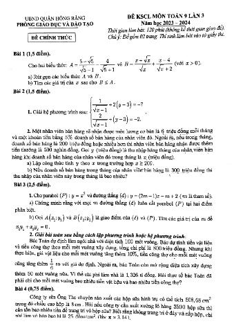 Đề khảo sát chất lượng môn Toán 9 - Năm học 2023-2024 - PGD&ĐT Hồng Bàng