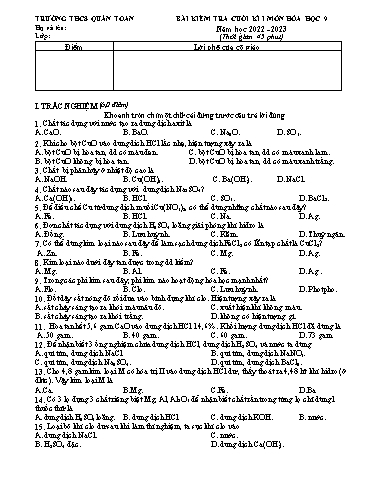 Đề kiểm tra cuối học kì 1 môn Hóa học 9 - Năm học 2022-2023 - Đoàn Thị Hoàng Anh (Có đáp án)