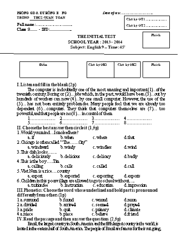 Đề kiểm tra cuối học kì 1 môn Tiếng Anh 9 - Năm học 2013-2014 - Cao Thị Hằng (Có đáp án + Ma trận)