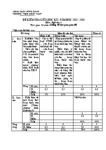 Đề kiểm tra giữa học kì 1 môn Ngữ văn 9 - Năm học 2022-2023 - Nguyễn Thị Hải (Có đáp án + Ma trận)