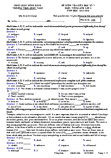 Đề kiểm tra giữa học kì 1 môn Tiếng Anh 9 - Đề 300 - Năm học 2022-2023 - Trường THCS Quán Toan (Có đáp án)