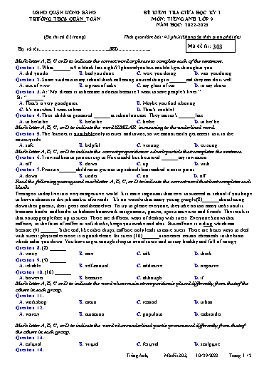 Đề kiểm tra giữa học kì 1 môn Tiếng Anh 9 - Đề 303 - Năm học 2022-2023 - Trường THCS Quán Toan (Có đáp án)