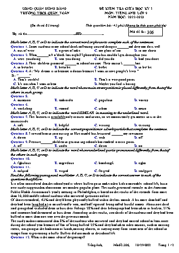 Đề kiểm tra giữa học kì 1 môn Tiếng Anh 9 - Đề 306 - Năm học 2022-2023 - Trường THCS Quán Toan (Có đáp án)