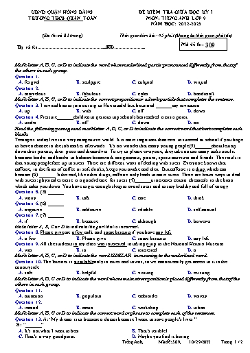 Đề kiểm tra giữa học kì 1 môn Tiếng Anh 9 - Đề 309 - Năm học 2022-2023 - Trường THCS Quán Toan (Có đáp án)