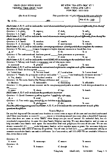 Đề kiểm tra giữa học kì 1 môn Tiếng Anh 9 - Đề 369 - Năm học 2022-2023 - Nguyễn Thị Chà (Có đáp án)