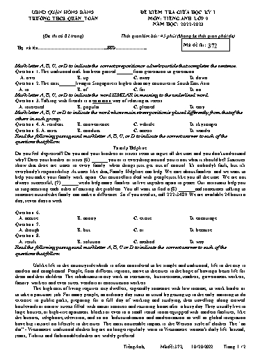 Đề kiểm tra giữa học kì 1 môn Tiếng Anh 9 - Đề 372 - Năm học 2022-2023 - Nguyễn Thị Chà (Có đáp án)