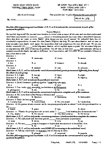 Đề kiểm tra giữa học kì 1 môn Tiếng Anh 9 - Đề 378 - Năm học 2022-2023 - Nguyễn Thị Chà (Có đáp án)
