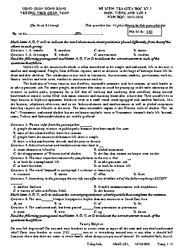 Đề kiểm tra giữa học kì 1 môn Tiếng Anh 9 - Đề 381 - Năm học 2022-2023 - Nguyễn Thị Chà (Có đáp án)