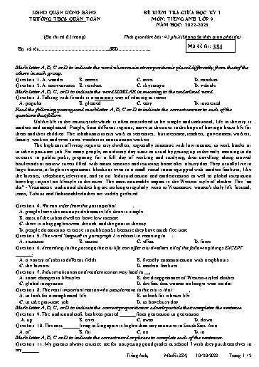 Đề kiểm tra giữa học kì 1 môn Tiếng Anh 9 - Đề 384 - Năm học 2022-2023 - Nguyễn Thị Chà (Có đáp án)