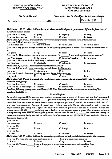 Đề kiểm tra giữa học kì 1 môn Tiếng Anh 9 - Đề 387 - Năm học 2022-2023 - Nguyễn Thị Chà (Có đáp án)