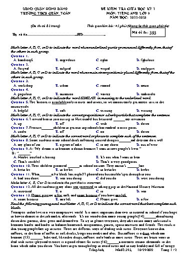 Đề kiểm tra giữa học kì 1 môn Tiếng Anh 9 - Đề 393 - Năm học 2022-2023 - Trường THCS Quán Toan (Có đáp án)