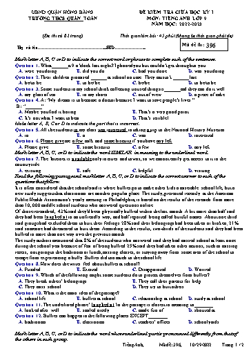 Đề kiểm tra giữa học kì 1 môn Tiếng Anh 9 - Đề 396 - Năm học 2022-2023 - Trường THCS Quán Toan (Có đáp án)