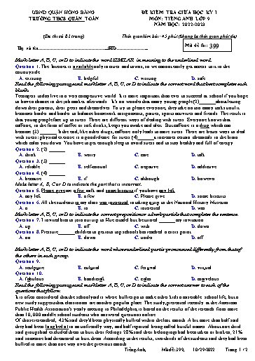 Đề kiểm tra giữa học kì 1 môn Tiếng Anh 9 - Đề 399 - Năm học 2022-2023 - Trường THCS Quán Toan (Có đáp án)