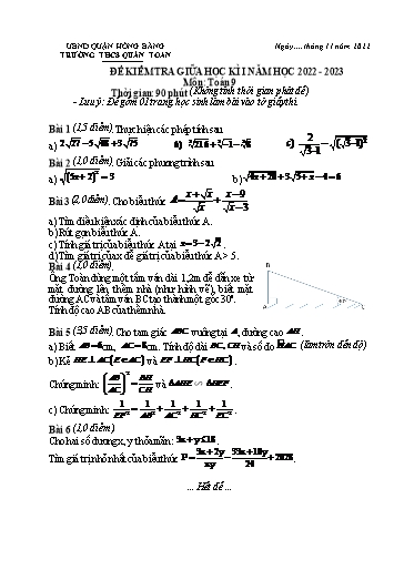 Đề kiểm tra giữa học kì 1 môn Toán 9 - Năm học 2022-2023 - Vũ Thi Yến (Có đáp án + Ma trận)