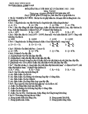 Đề kiểm tra giữa học kì 1 môn Vật lí 9 - Năm học 2022-2023 - Trường THCS Quán Toan (Có đáp án)