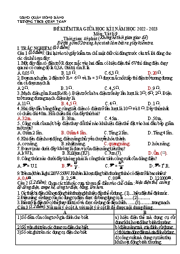 Đề kiểm tra giữa học kì 1 môn Vật lí Lớp 9 - Năm học 2022-2023 - Trường THCS Quán Toan (Có đáp án)