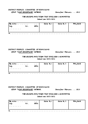 Đề kiểm tra giữa học kì 2 môn Tiếng Anh 9 - Năm học 2022-2023 - Nguyễn Thị Hằng (Có đáp án)