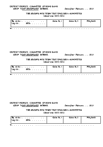 Đề kiểm tra giữa học kì 2 môn Tiếng Anh 9 - Năm học 2022-2023 - Trần Thị Thu Huyền (Có đáp án)