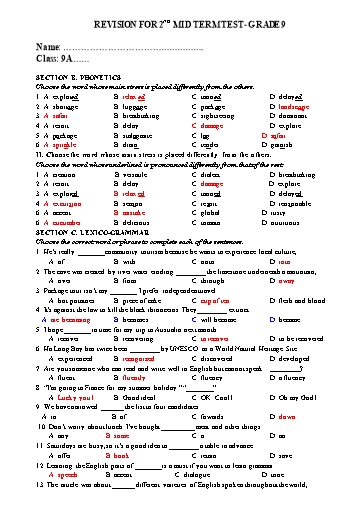Đề kiểm tra giữa học kì 2 môn Tiếng Anh 9 - Năm học 2022-2023 - Trường THCS Quán Toan