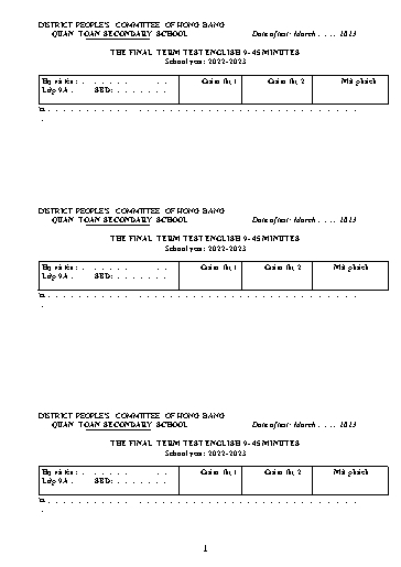 Đề kiểm tra giữa học kì 2 môn Tiếng Anh 9 - Năm học 2022-2023 - Trần Thị Thu Huyền (Có đáp án + File nghe)