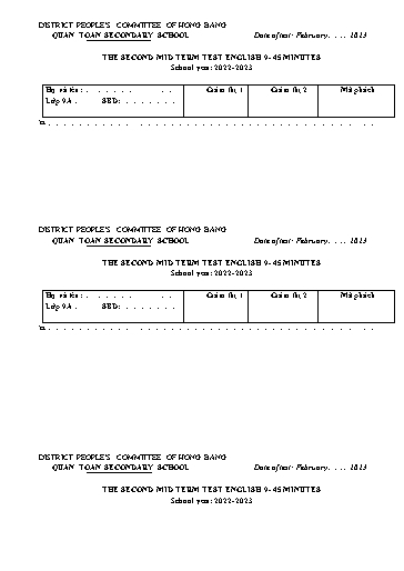 Đề kiểm tra giữa học kì 2 môn Tiếng Anh 9 - Năm học 2022-2023 - Lê Thị Nam Hải (Có đáp án)