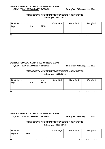 Đề kiểm tra giữa học kì 2 môn Tiếng Anh Lớp 9 - Năm học 2022-2023 - Lê Thị Nam Hải (Có đáp án)