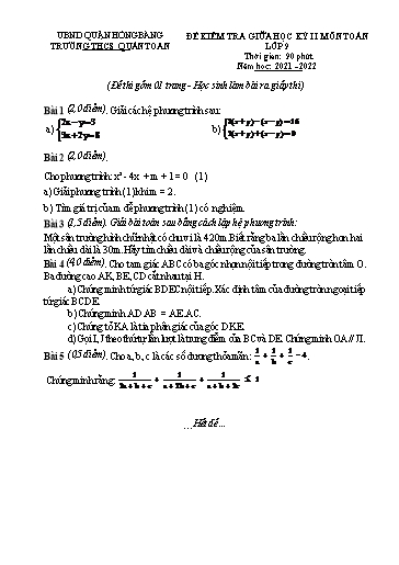 Đề kiểm tra giữa học kì 2 môn Toán 9 - Năm học 2021-2022 - Nguyễn Minh Hồng (Có đáp án)