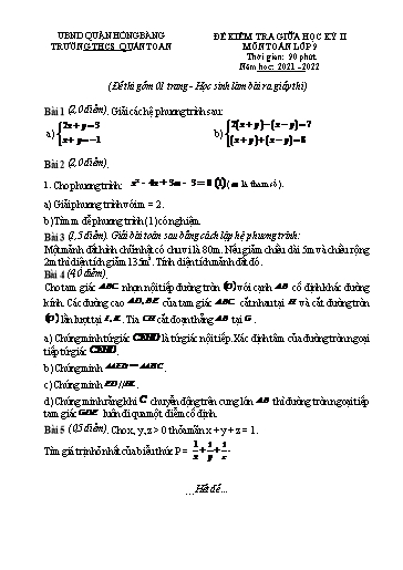 Đề kiểm tra giữa học kì 2 môn Toán 9 - Năm học 2021-2022 - Trường THCS Quán Toan (Có đáp án)