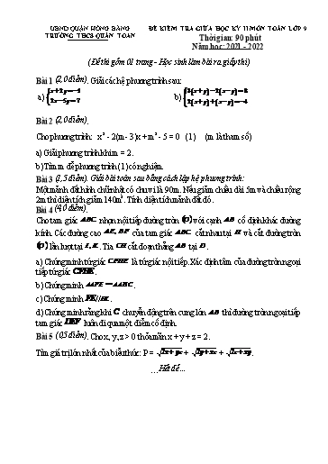 Đề kiểm tra giữa học kì 2 môn Toán 9 - Năm học 2021-2022 - Vũ Thị Yến (Có đáp án)
