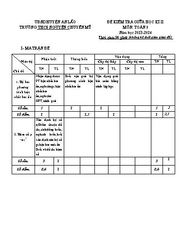 Đề kiểm tra giữa học kì 2 môn Toán 9 - Năm học 2023-2024 - Trường THCS Nguyễn Chuyên Mỹ (Có đáp án + Ma trận)