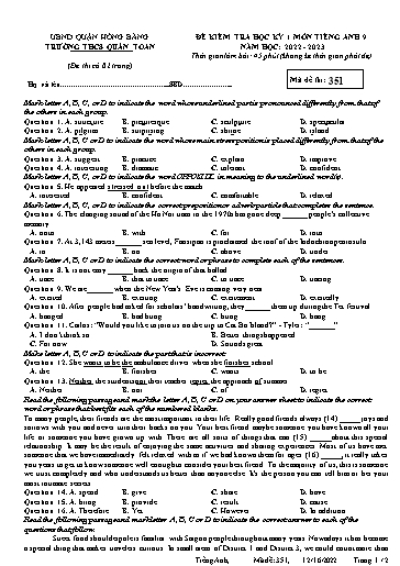 Đề kiểm tra học kì 1 môn Tiếng Anh 9 - Đề 352 - Năm học 2022-2023 - Trường THCS Quán Toan (Có đáp án + Ma trận)