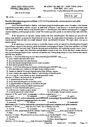 Đề kiểm tra học kì 1 môn Tiếng Anh 9 - Đề 357 - Năm học 2022-2023 - Trường THCS Quán Toan (Có đáp án + Ma trận)