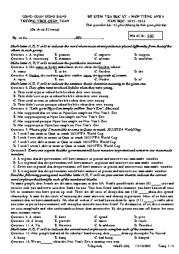 Đề kiểm tra học kì 1 môn Tiếng Anh 9 - Đề 360 - Năm học 2022-2023 - Trường THCS Quán Toan (Có đáp án + Ma trận)