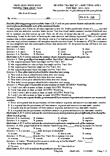 Đề kiểm tra học kì 1 môn Tiếng Anh 9 - Đề 369 - Năm học 2022-2023 - Trường THCS Quán Toan (Có đáp án + Ma trận)