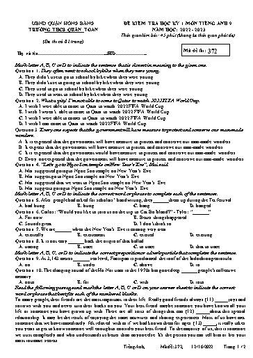 Đề kiểm tra học kì 1 môn Tiếng Anh 9 - Đề 372 - Năm học 2022-2023 - Trường THCS Quán Toan (Có đáp án + Ma trận)