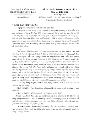 Đề thi thử vào lớp 10 THPT môn Ngữ văn - Năm học 2021-2022 - Trường THCS Hồng Bàng