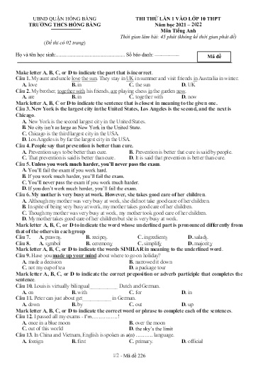 Đề thi thử vào lớp 10 THPT môn Tiếng Anh - Năm học 2021-2022 - Trường THCS Hồng Bàng