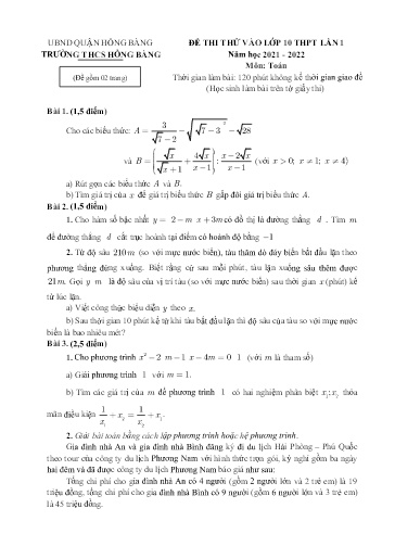 Đề thi thử vào lớp 10 THPT môn Toán - Năm học 2021-2022 - Trường THCS Hồng Bàng