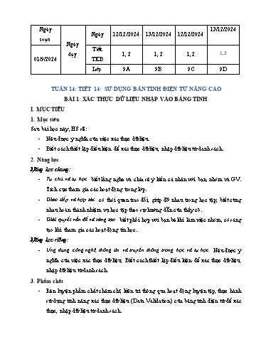 Giáo án Tin học 9 - Tuần 14 - Bài 1: Sử dụng bản tính điện tử nâng cao - Năm học 2024-2025 - Trường THCS Nguyễn Chuyên Mỹ