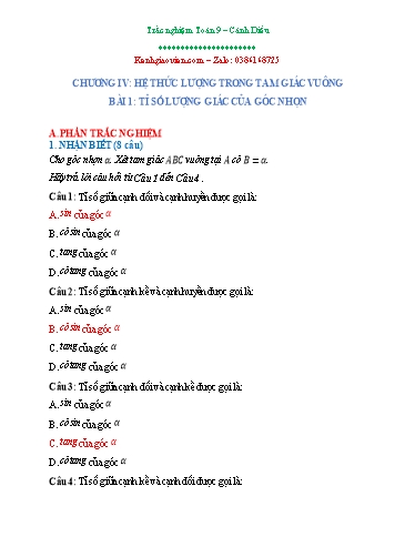 Giáo án Toán 9 (Cánh diều) - Chương 4 - Bài 1: Tỉ số lượng giác của góc nhọn - Năm học 2024-2025 - Trường THCS Nguyễn Chuyên Mỹ