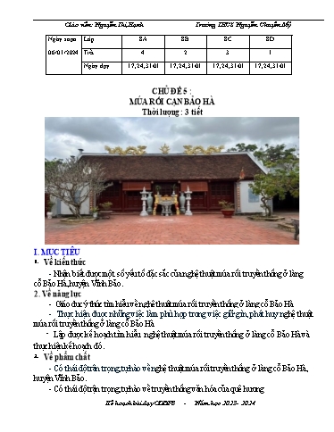 Kế hoạch bài dạy Giáo dục địa phương 8 - Chủ đề 5: Múa rối cạn Bảo Hà - Năm học 2023-2024 - Nguyễn Thị Hạnh